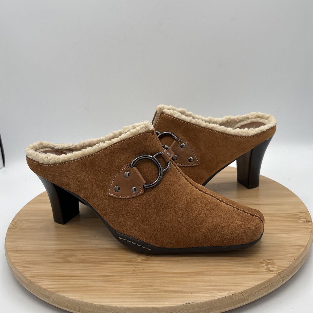 Aerosoles Cinchshearly Mules Women 9M Brown Suede Shearling Lined Block Heel